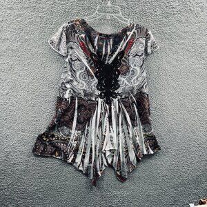 Apt 9 Women Top Extra Large White Brown‎ Embellished Short Sleeve Pullover Shirt